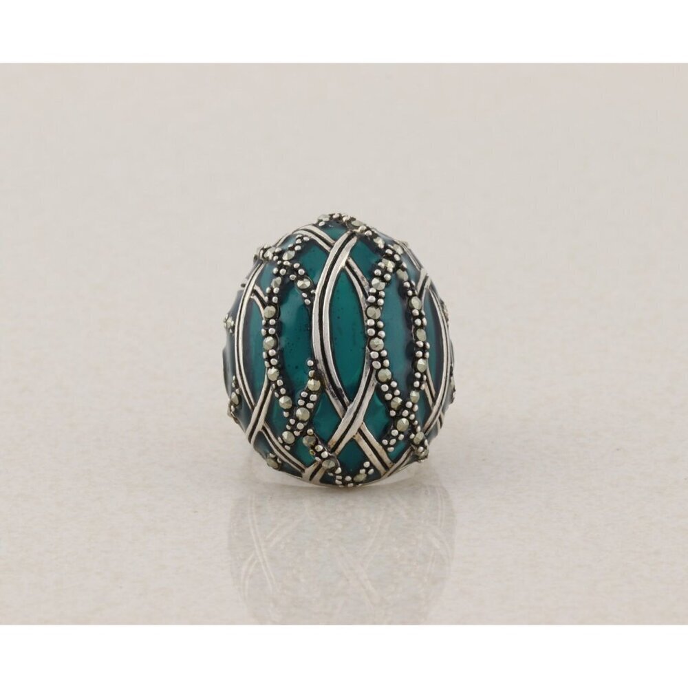 Sterling Silver Green Enamel and Marcasite Dome Ring Size 6 1/4
